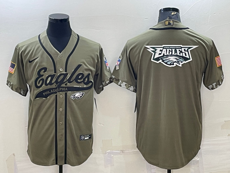 Men's Philadelphia Eagles Olive 2022 Salute To Service Team Big Logo Cool Base Stitched Baseball Jersey 001
